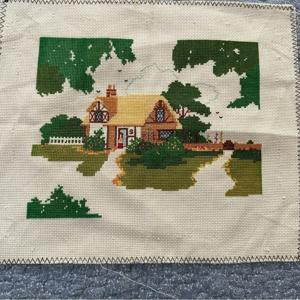 Cross Stitch Charming Cottage Country Church Cottagecore Gift Handmade 8 x 10